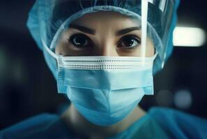 AI generated a female surgeon wearing a blue face mask, photo