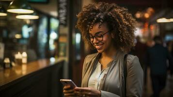 ai generado un mujer de negocios mirando a su teléfono mientras en pie en línea a un café tienda foto