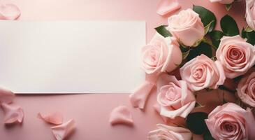 AI generated a blank sheet of paper on a table surrounded by pink roses photo