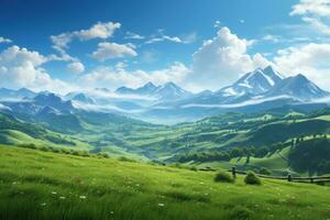 AI generated a beautiful mountain vista over beautiful green grass and sun photo