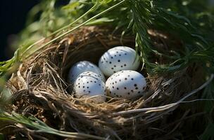 AI generated a white bird hen nest has 2 eggs with feathers in it photo