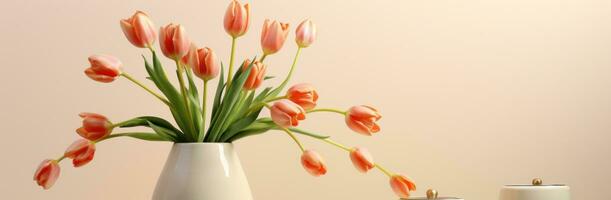 AI generated blooming bouquet of pink tulips photo