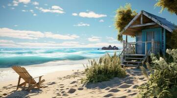 AI generated a small cottage on the sand with an umbrella photo