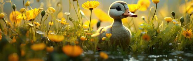 ai generado un pequeño anadón en pie en alto césped con un montón de amarillo flores foto