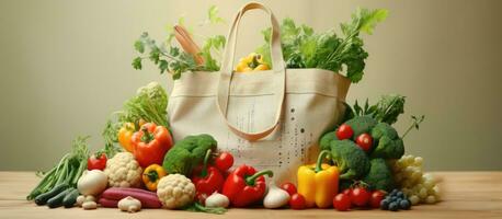 ai generado un compras bolso lleno con frutas y vegetales foto
