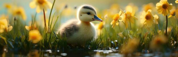 ai generado un pequeño anadón en pie en alto césped con un montón de amarillo flores foto