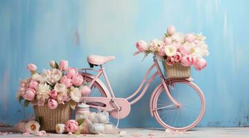 ai generado azul fondo, bicicletas, cesta, cestas, flores, y tulipanes foto