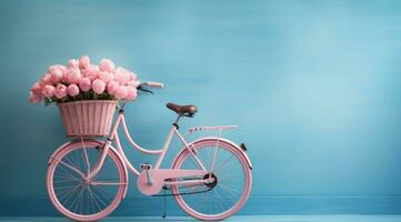 AI generated blue background, bikes, basket, baskets, flowers, and tulips photo