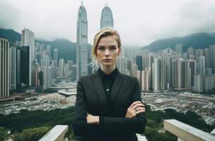 ai generado negocio mujer en pie con brazos doblada en hk foto