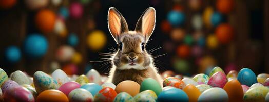 AI generated bunny in front of colorful eggs photo