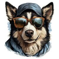 AI generated cartoon husky dog with sunglasses and hat photo