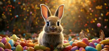 AI generated bunny in front of colorful eggs photo