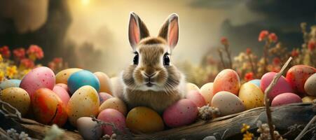 AI generated bunny in front of colorful eggs photo