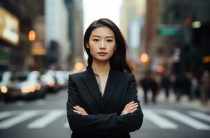 AI generated businesswoman standing with arms folded in the city photo