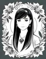 ai generado fantasía generativo ai en el tema de belladona. negro y blanco retrato de un cuento de hadas mujer en floral estilo. foto