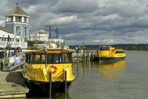 Alexandria, VA, USA 2023. Yellow Potomac cruiser boats moared at the Old Town waterfront in Alexandria VA photo