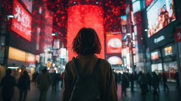 AI generated Generative AI, beautiful girl on night of the neon street of Japan, cyberpunk style photo