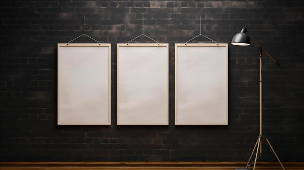 AI generated Generative AI, set of three posters mock up, blank minimalistic background, artwork template photo