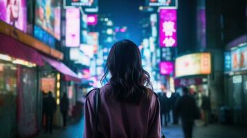 ai generado generativo ai, hermosa niña en noche de el neón calle de Japón, cyberpunk estilo foto