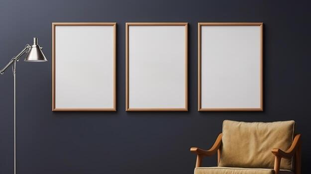 AI generated Generative AI, set of three posters mock up, blank minimalistic background, artwork template photo