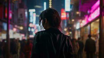 ai generado generativo ai, hermosa niña en noche de el neón calle de Japón, cyberpunk estilo foto