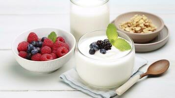 AI generated The Wholesome Experience of Fresh Yogurt on a White Table, Perfect for Probiotic Needs. photo