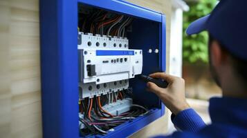 AI generated A young electrician disassembling an electrical panel with fuses in a house photo