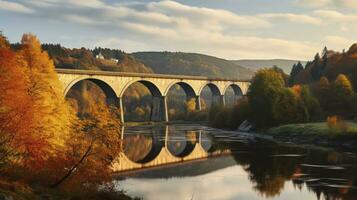 AI generated Rustic Charm - A Railway Bridge Basks in the Glow of a Colorful Autumn Morning photo