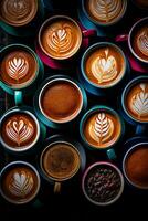 AI generated A row of espresso cups filled with freshly brewed shots of espresso photo