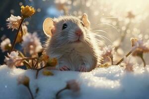 ai generado pequeño linda blanco ratón sentado en un rama de un primavera floración foto