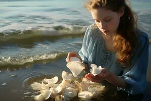 AI generated Persons hand holding a seashell with a starfish in it. photo