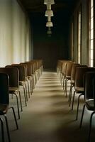 AI generated Desks and chairs arranged in classroom at high school photo