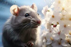 AI generated Little cute white mouse sitting on a branch of a spring flowering photo