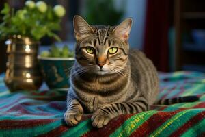 AI generated Portrait of a sleeping striped young cat on a gray sofa photo