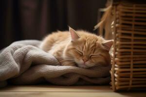 AI generated Portrait of a sleeping striped young cat on a gray sofa photo
