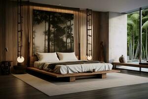 AI generated Stylish interior of contemporary room with comfortable bed photo