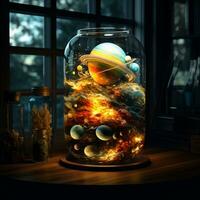 AI generated Solar system contained inside a glass jar photo