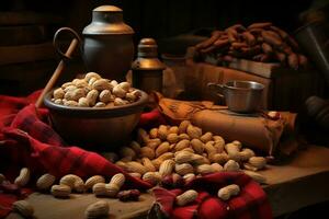 AI generated Wooden bowl with mixed on Wooden table top view photo