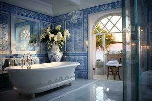 ai generado moderno blanco tina y hermosa verde plantas de interior en baño. foto
