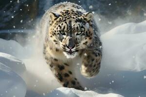 ai generado imagen de nieve leopardo corriendo en el montañas madera foto