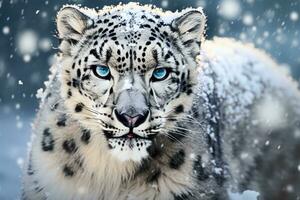 ai generado imagen de nieve leopardo corriendo en el montañas madera foto