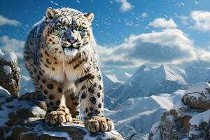 ai generado imagen de nieve leopardo corriendo en el montañas madera foto