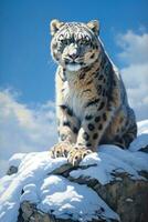 AI generated Image of snow leopard running in the mountains wood photo