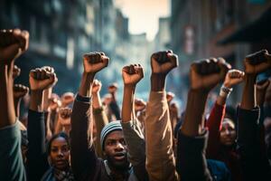 AI generated Group of multi ethnic people raising their fists up in the air photo