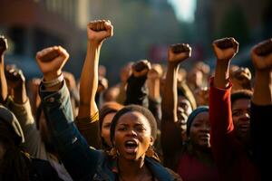 AI generated Group of multi ethnic people raising their fists up in the air photo