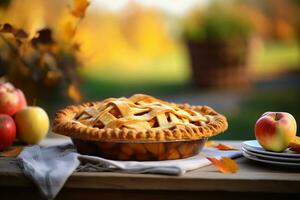 AI generated Homemade autumn apple pies on a wooden table photo
