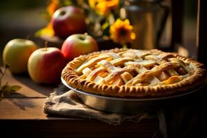 AI generated Homemade autumn apple pies on a wooden table photo