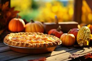 AI generated Pumpkin pie with autumn pumpkins and corn on wooden board photo