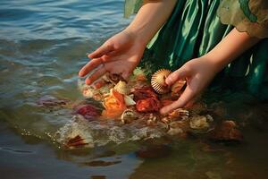 AI generated Persons hand holding a seashell with a starfish in it. photo