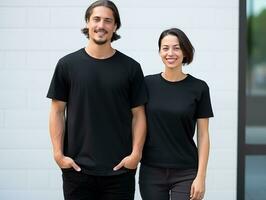 AI generated A couple boyfriend and girlfriend wearing blank white matching t-shirts mockup for design template photo